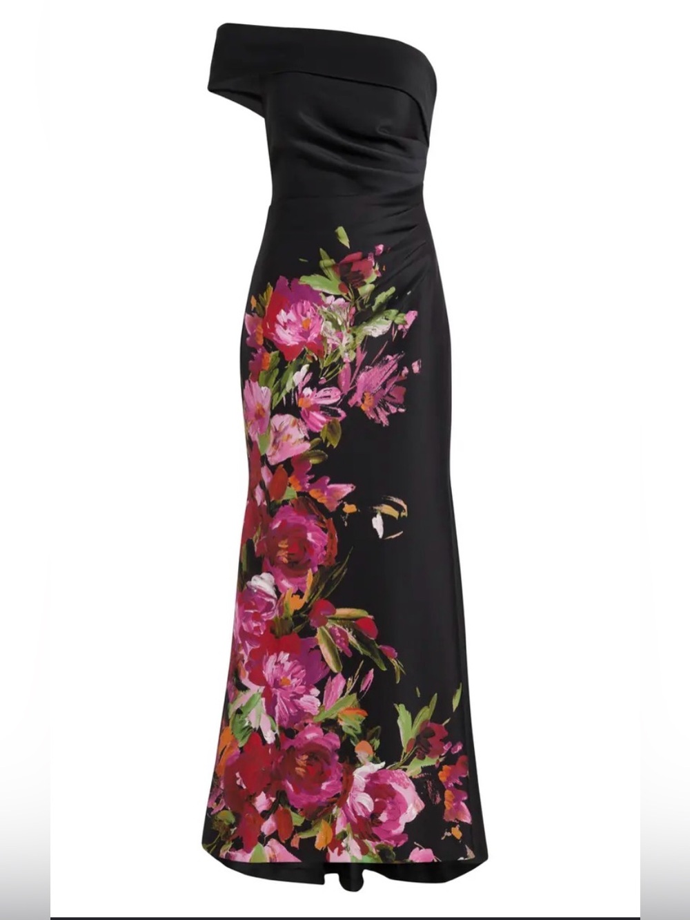 ELIZA J  $208. Black Placed Floral One-Shoulder Ruched Waist Gown Sz 4